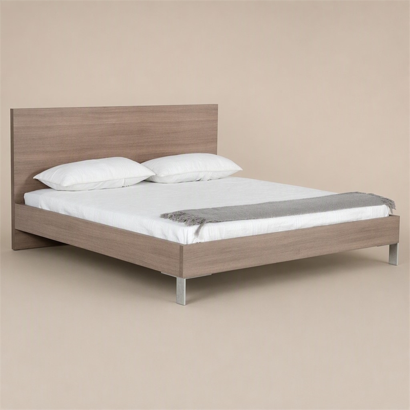 Pemberly Row Eastern King Bed in Brown Oak with Stainless Steel Legs