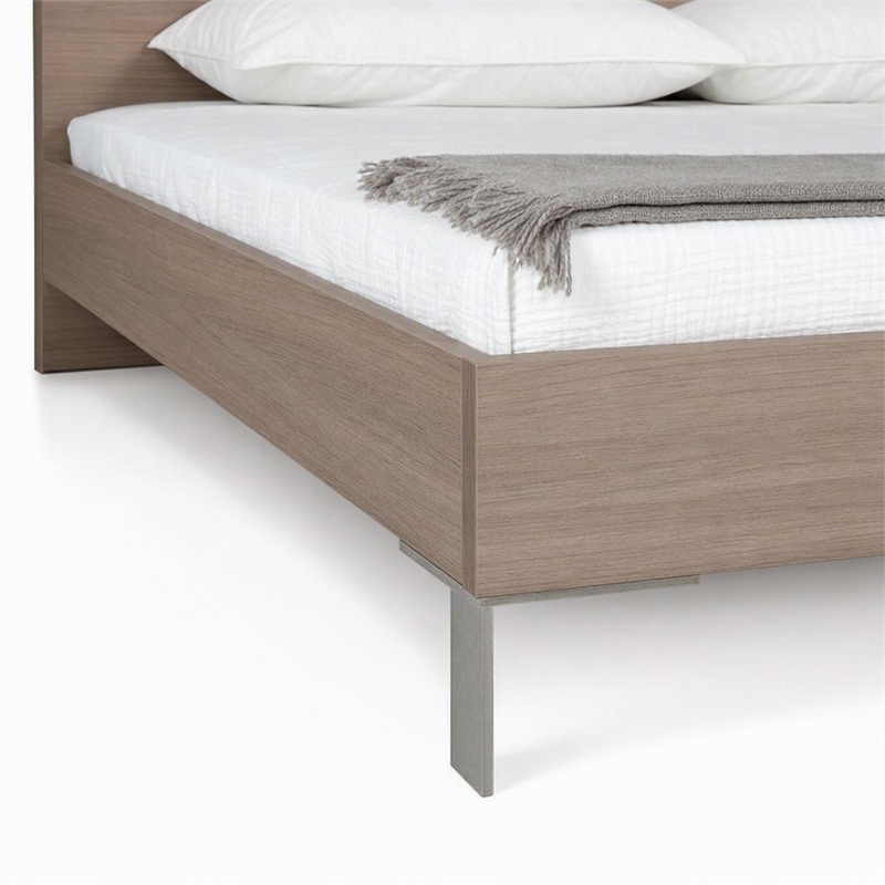 Pemberly Row Eastern King Bed in Brown Oak with Stainless Steel Legs
