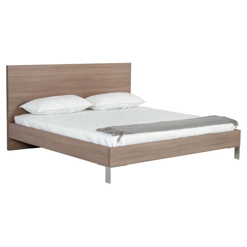 Pemberly Row Eastern King Bed in Brown Oak with Stainless Steel Legs