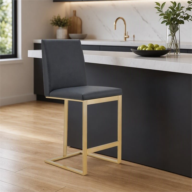 Pemberly Row Modern Dark Grey Vegan Leather Counter Stool with Brass Legs