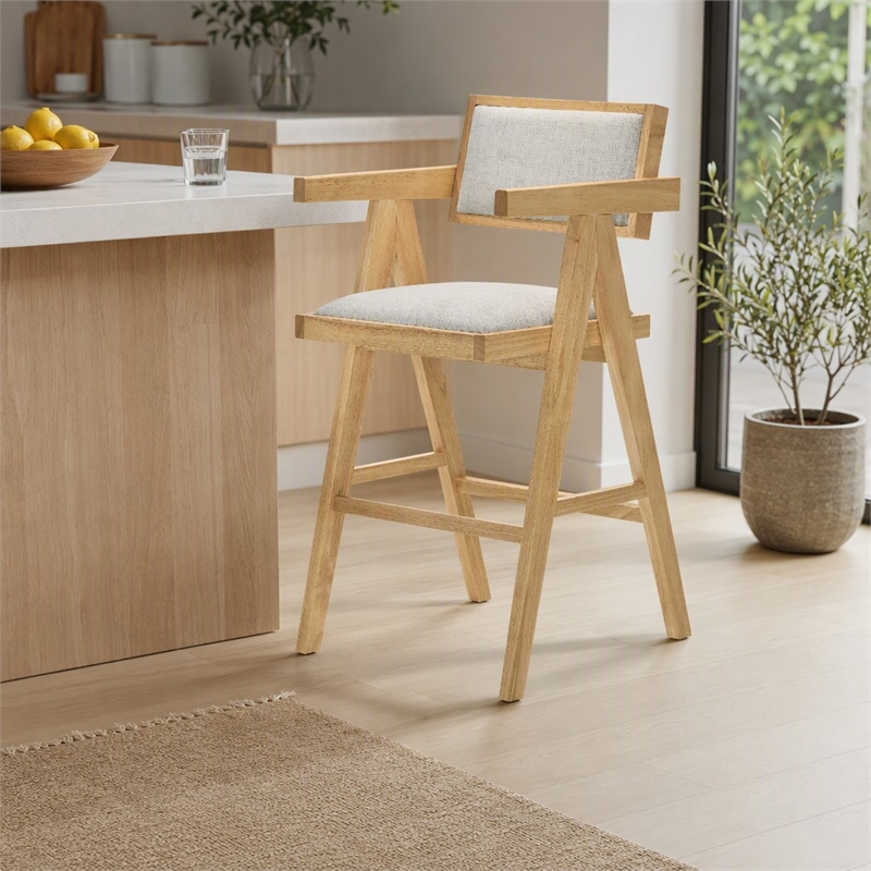 Pemberly Row Modern Beige Counter Stool Set of 2 in Rubberwood Natural Finish