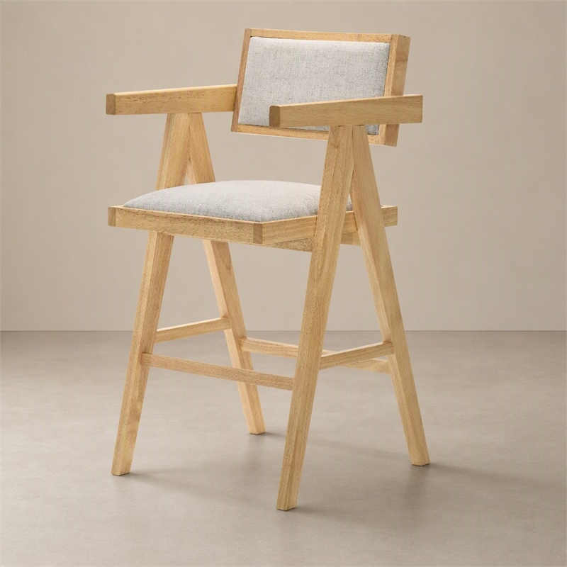 Pemberly Row Modern Beige Counter Stool Set of 2 in Rubberwood Natural Finish