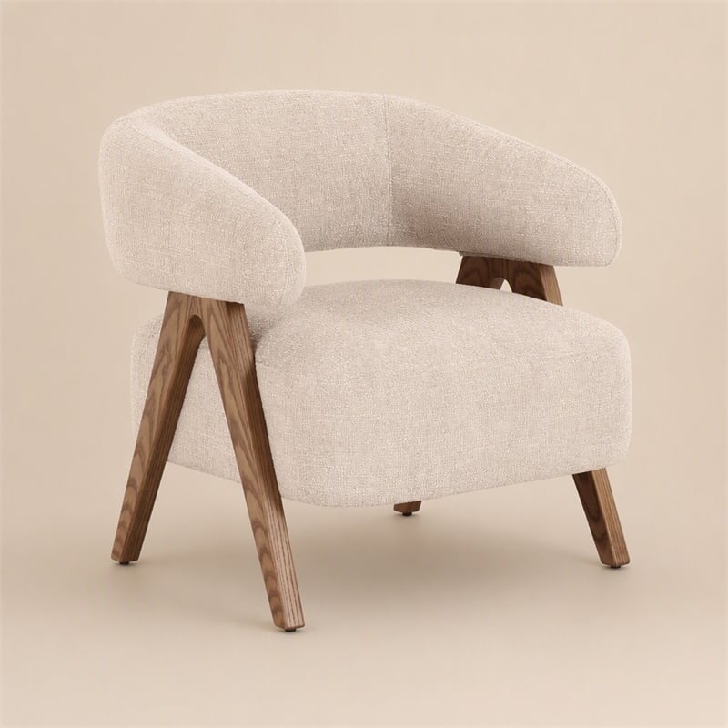 Pemberly Row Mid-Century Modern Beige Fabric Accent Chair with Ash Legs