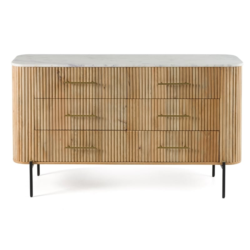 Pemberly Row Mango Wood Dresser with White Marble Top and 6 Drawers