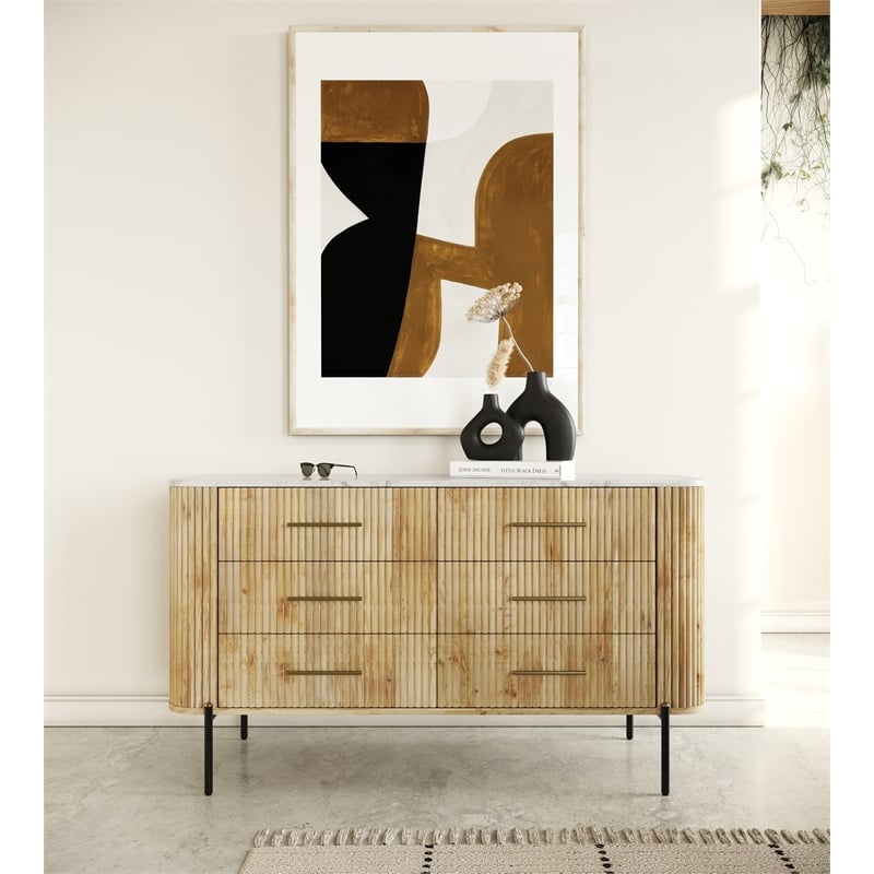 Pemberly Row Mango Wood Dresser with White Marble Top and 6 Drawers