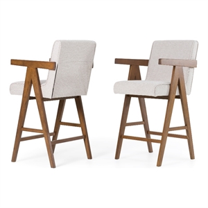 Pemberly Row Modern Counter Chair Set in Beige Fabric & Walnut (Set of 2)