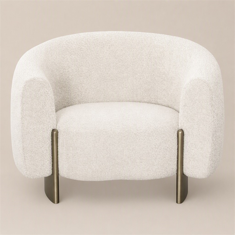Pemberly Row Antique Brass Accent Chair in Beige Fabric with Round Arms