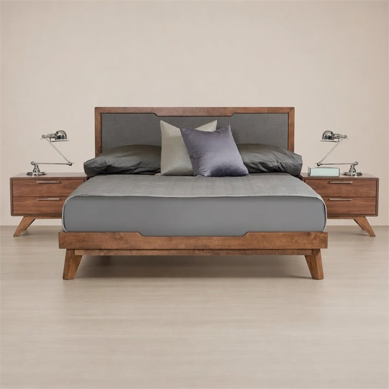 Pemberly Row Modern Fabric & Wood Queen Bed in Gray Walnut Finish