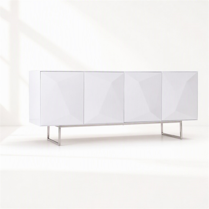 Pemberly Row Modern 4-Door MDF Wood Buffet in White with Glass Shelves