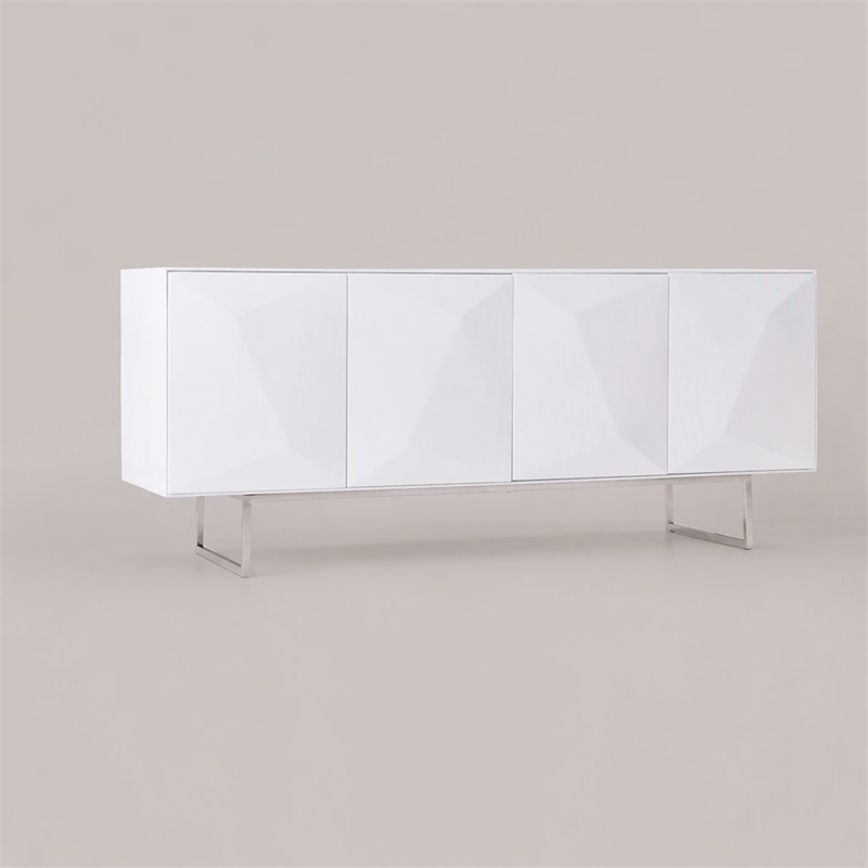 Pemberly Row Modern 4-Door MDF Wood Buffet in White with Glass Shelves
