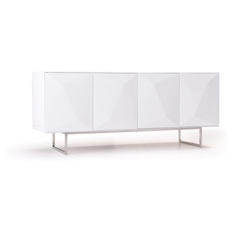 Pemberly Row Modern 4-Door MDF Wood Buffet in White with Glass Shelves