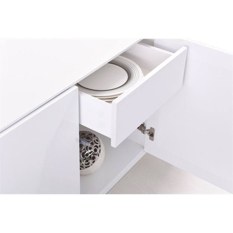 Pemberly Row Modern 4-Door MDF Wood Buffet in White with Glass Shelves
