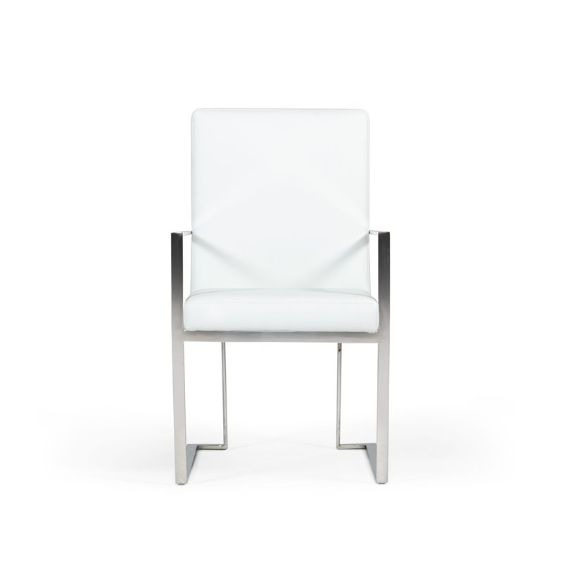 Pemberly Row Dining Arm Chair with Leather and Stainless Steel in White