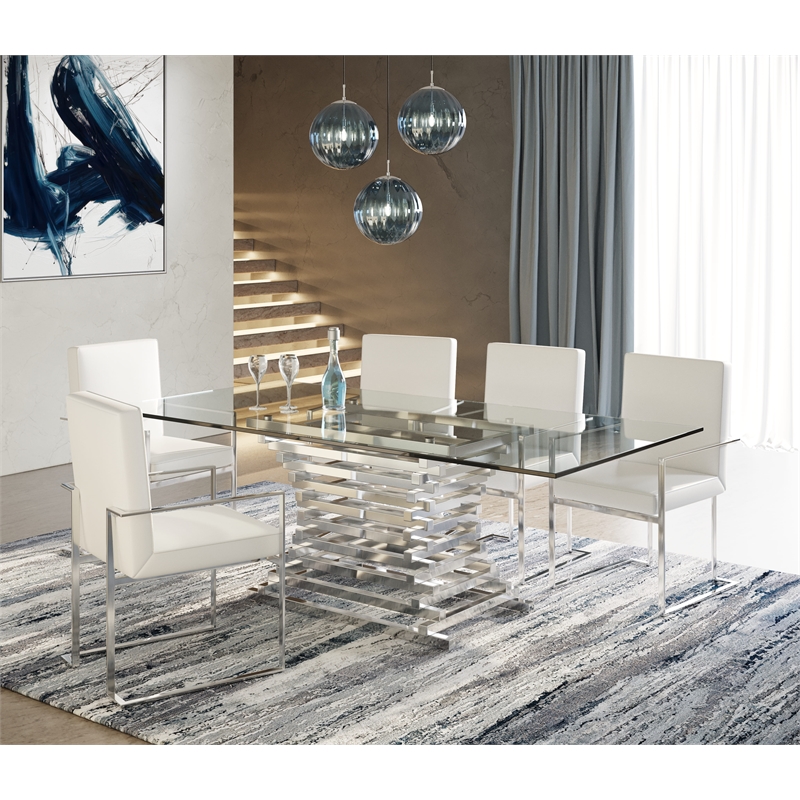 Pemberly Row Dining Arm Chair with Leather and Stainless Steel in White
