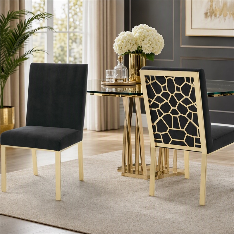 Pemberly Row Steel & Velvet Dining Chair Set in Black/Gold Finish (Set of 2)