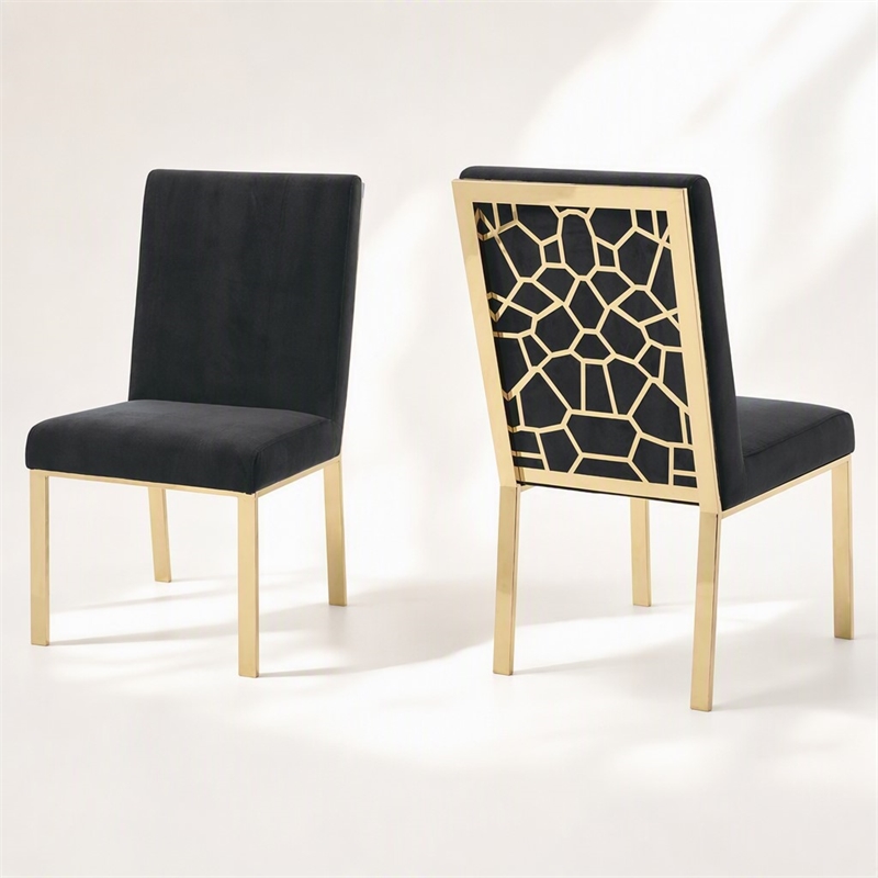 Pemberly Row Steel & Velvet Dining Chair Set in Black/Gold Finish (Set of 2)