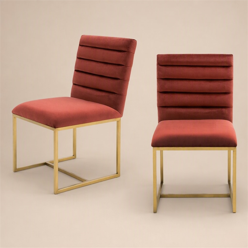 Pemberly Row Velvet Dining Chair in Gold/Red Finish with Tufting (Set of 2)