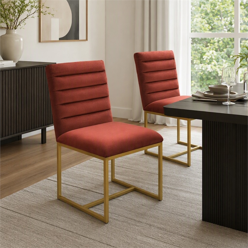 Pemberly Row Velvet Dining Chair in Gold/Red Finish with Tufting (Set of 2)