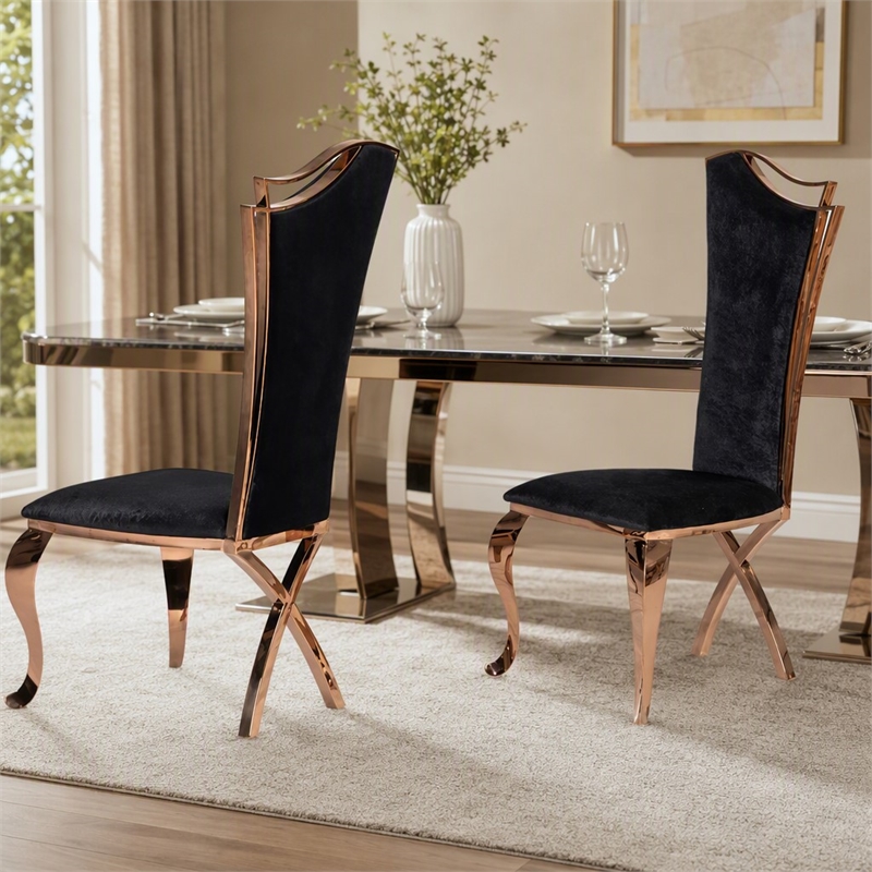 Pemberly Row Velvet Dining Chair with Rose Gold Frame in Black (Set of 2)