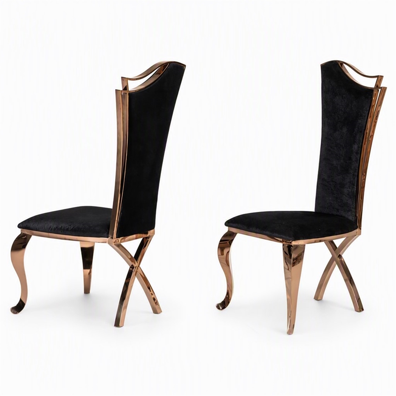 Pemberly Row Velvet Dining Chair with Rose Gold Frame in Black (Set of 2)