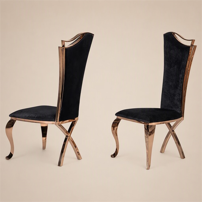 Pemberly Row Velvet Dining Chair with Rose Gold Frame in Black (Set of 2)