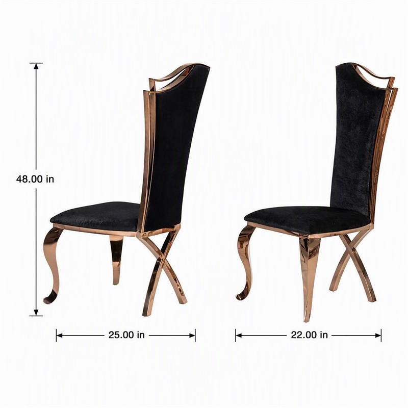 Pemberly Row Velvet Dining Chair with Rose Gold Frame in Black (Set of 2)