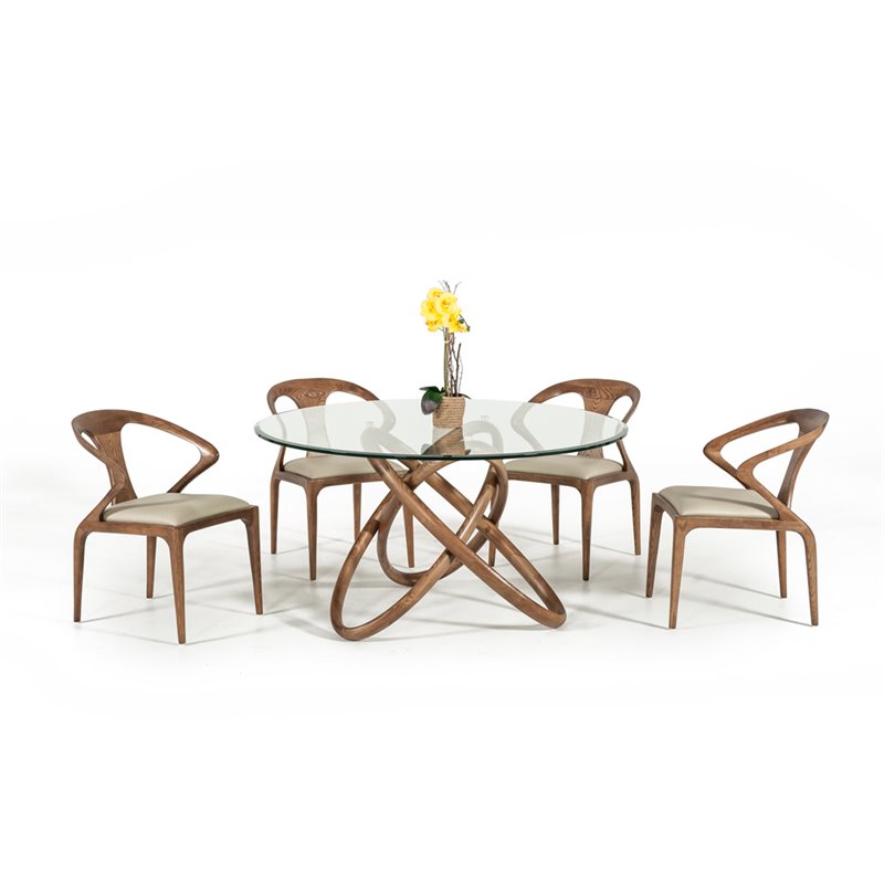 Pemberly Row Round Glass & Walnut Dining Table with Ash Base