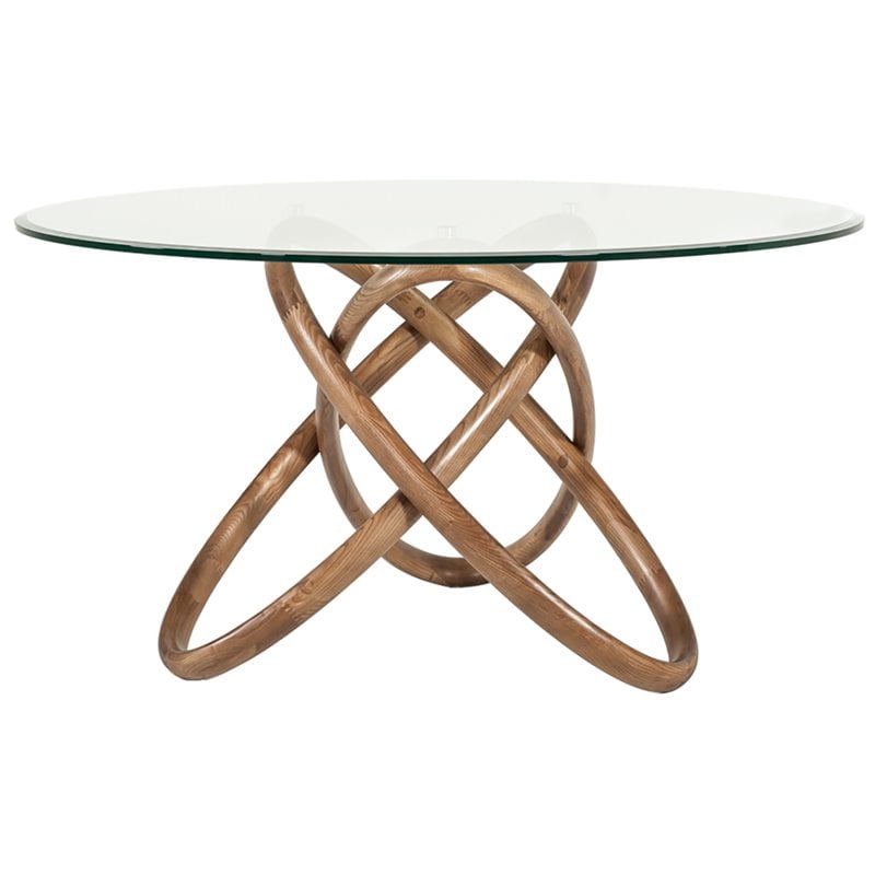 Pemberly Row Round Glass & Walnut Dining Table with Ash Base