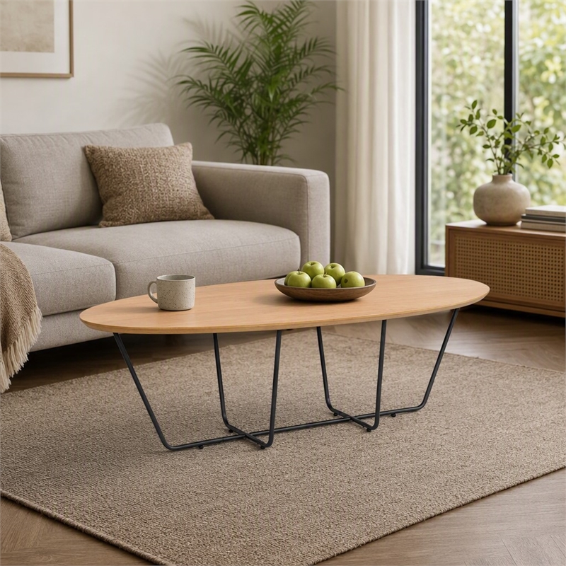 Pemberly Row Esther Industrial Coffee Table with Veneer Wood Top in Oak/Black