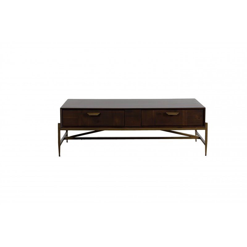 Pemberly Row Shane Acacia Wood Coffee Table with Antique Brass Accents