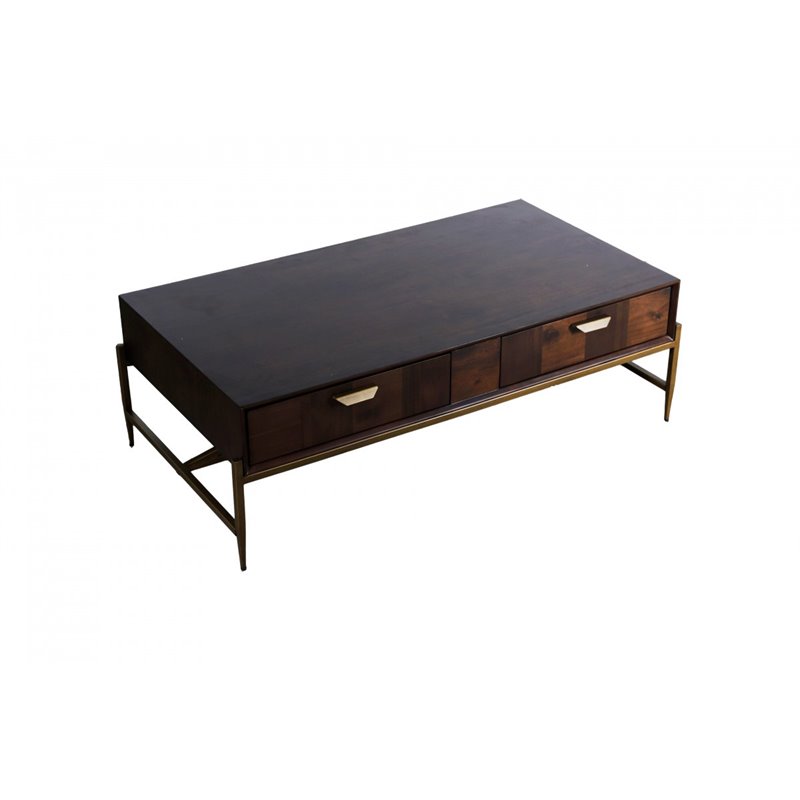 Pemberly Row Shane Acacia Wood Coffee Table with Antique Brass Accents