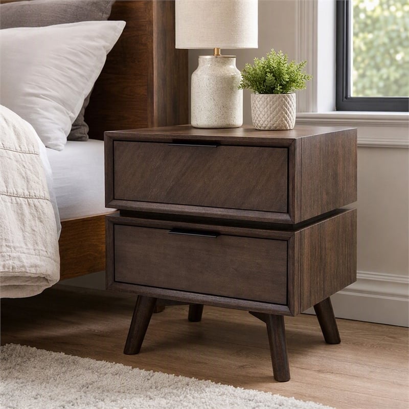 Pemberly Row Mid-Century Acacia Wood and Metal Nightstand with 2 Drawers