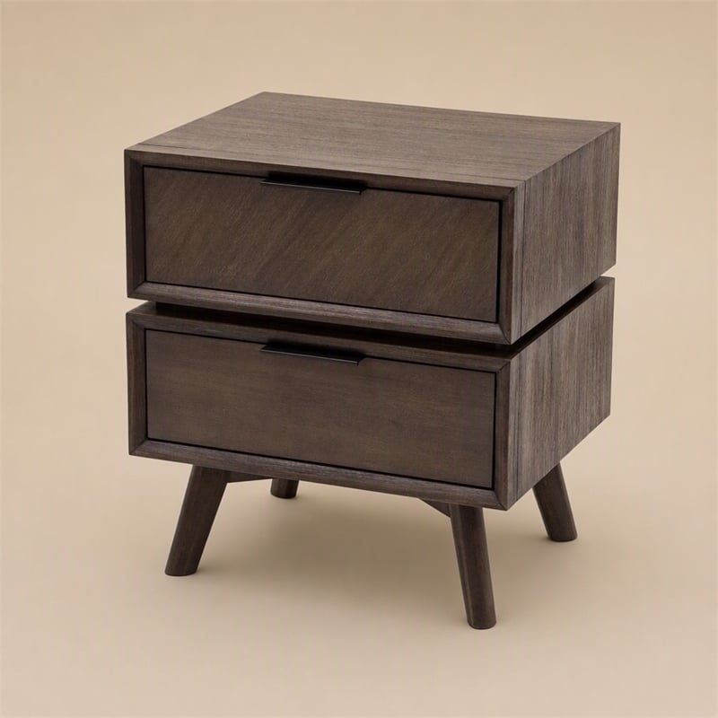 Pemberly Row Mid-Century Acacia Wood and Metal Nightstand with 2 Drawers