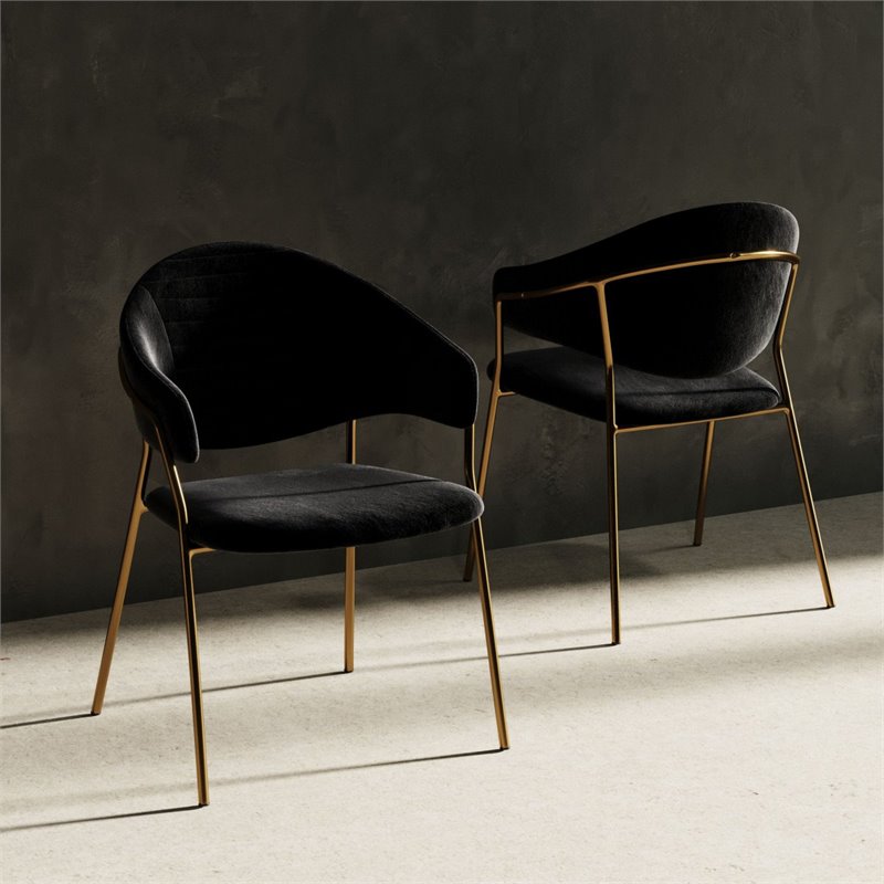 Pemberly Row Set of 2 Black Velvet Steel Dining Chairs with Gold Finish