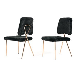 Pemberly Row Set of 2 Faux Fur Dining Chairs with Metal Legs in Black
