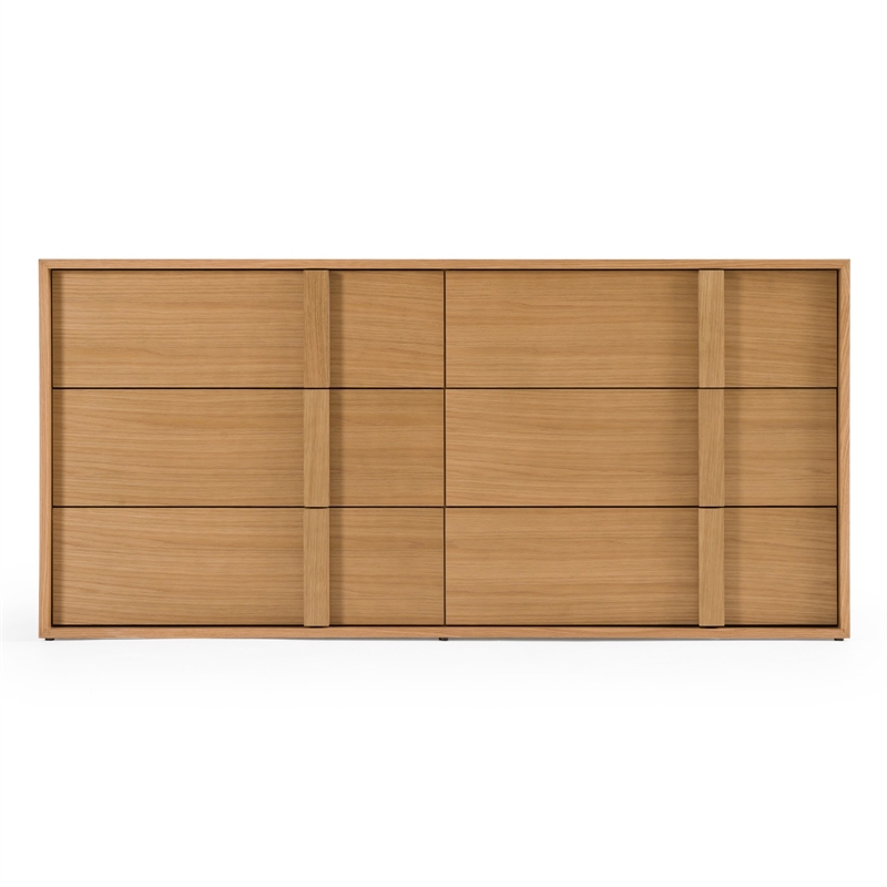 Pemberly Row Modern Oak Dresser with 6 Integrated Wood Pull Drawers