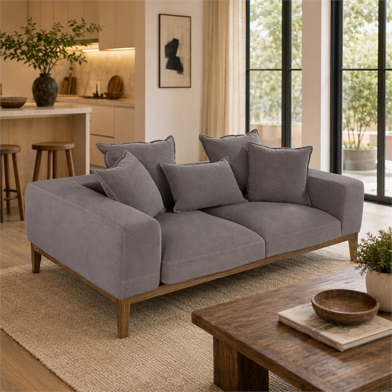 Pemberly Row Linen Fabric & Wood Upholstered Loveseat in Gray and Walnut