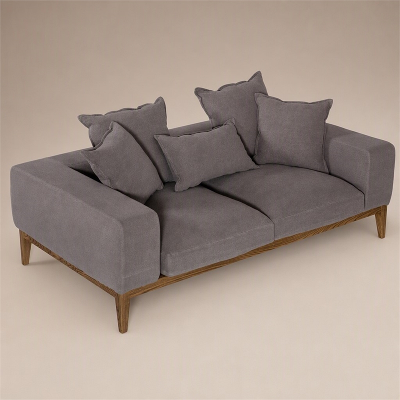 Pemberly Row Linen Fabric & Wood Upholstered Loveseat in Gray and Walnut