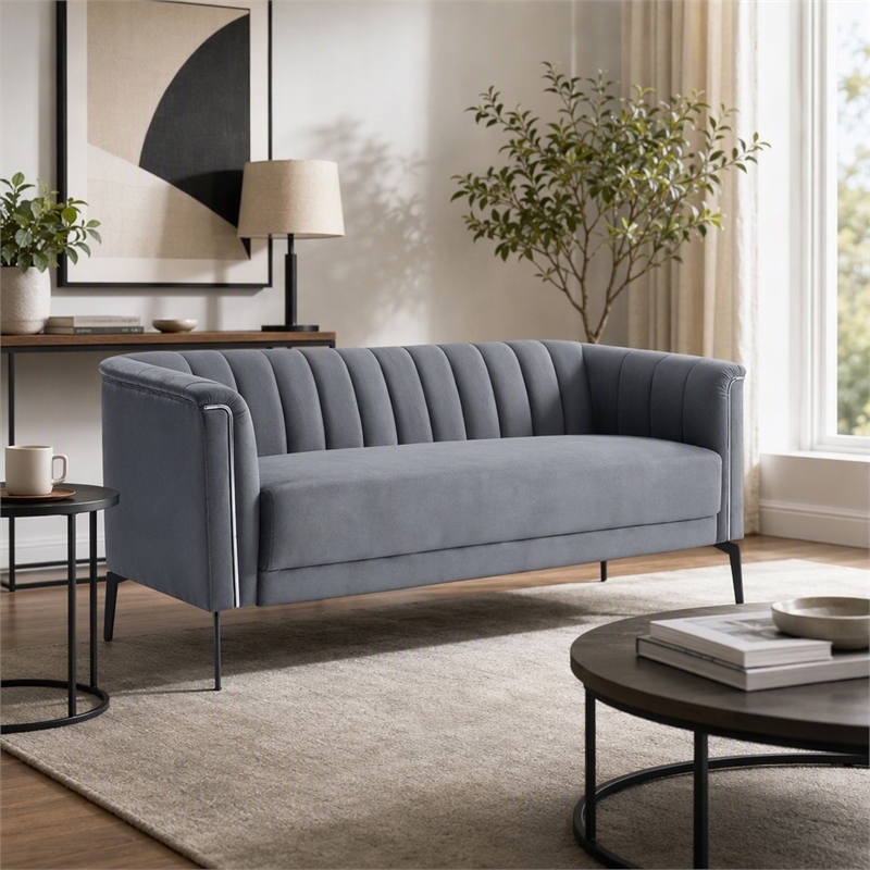 Pemberly Row Modern Polyester and Metal Sofa in Dark Gray and Black