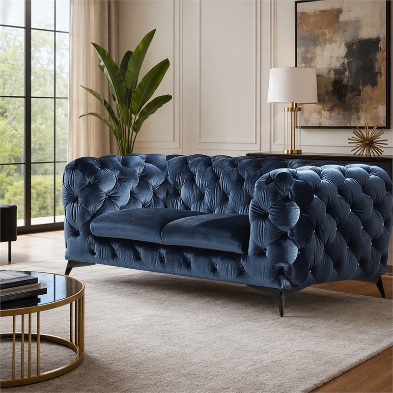 Pemberly Row Modern Blue Fabric Loveseat with Black Stainless Steel Legs