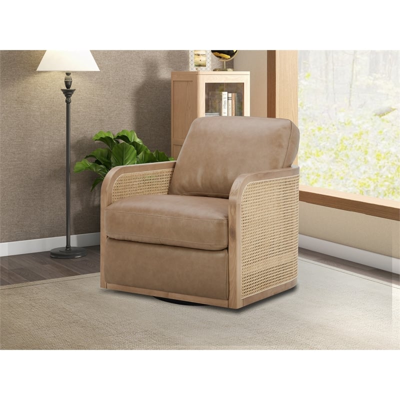 Pemberly Row Leather and Wicker Swivel Accent Chair in York Sand Tan