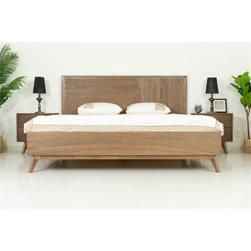 Pemberly Row Acacia Queen Solid Wood Bed in Walnut with Panel Headboard