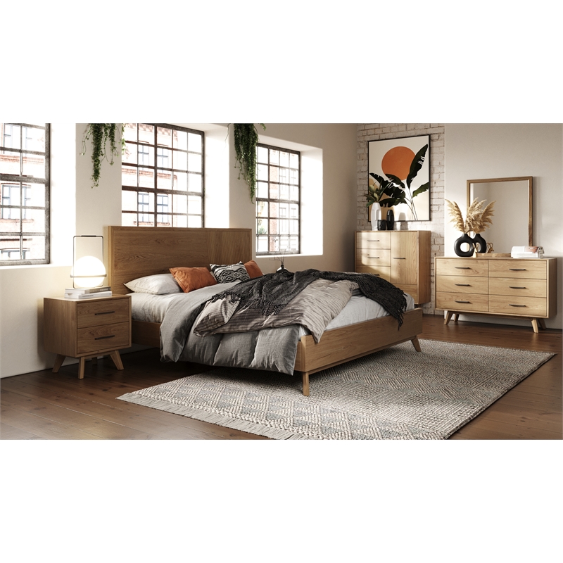 Pemberly Row Acacia Queen Solid Wood Bed in Walnut with Panel Headboard