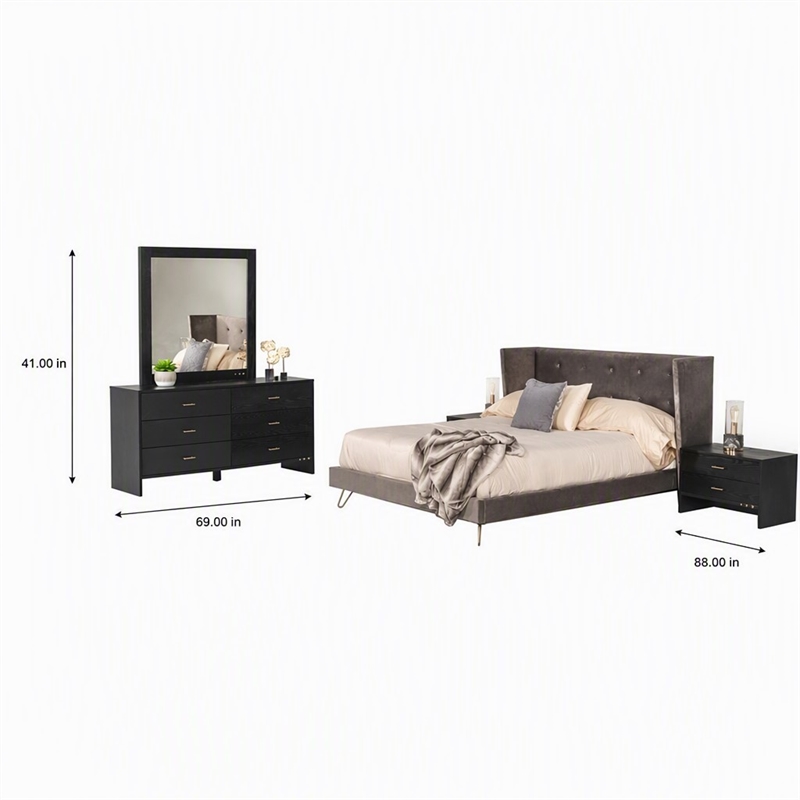Pemberly Row Velvet & Metal Queen Bed in Charcoal Gray Upholstery