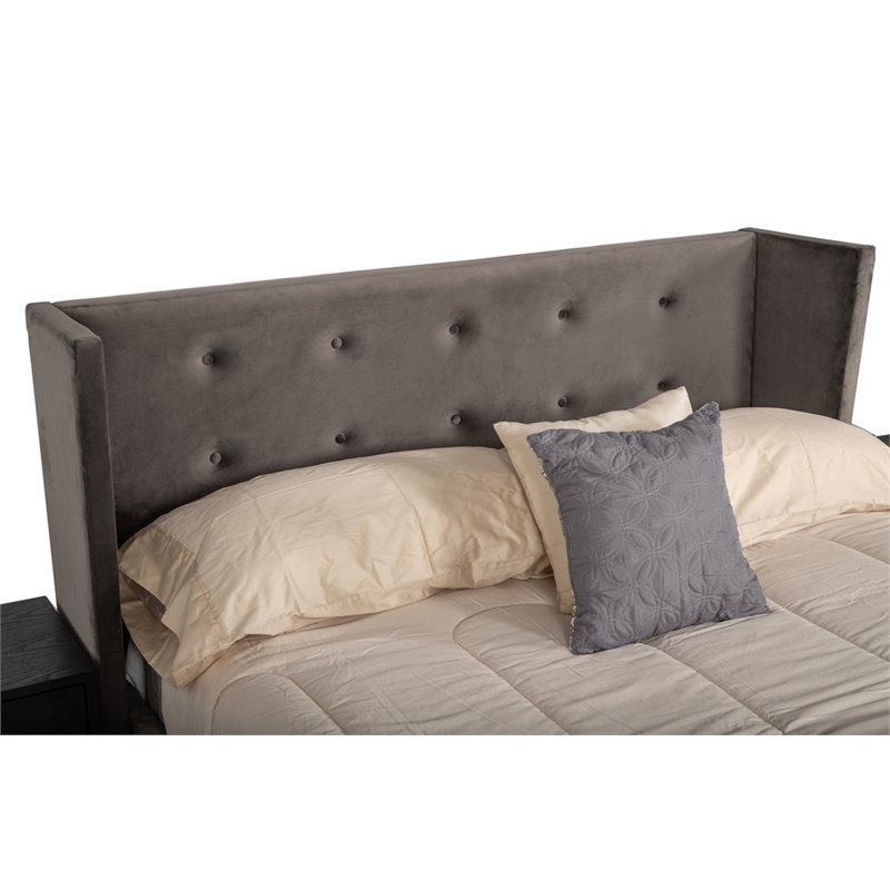 Pemberly Row Velvet & Metal Queen Bed in Charcoal Gray Upholstery