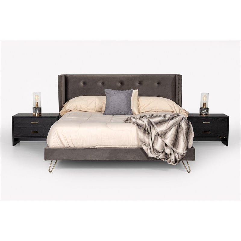 Pemberly Row Velvet & Metal Queen Bed in Charcoal Gray Upholstery