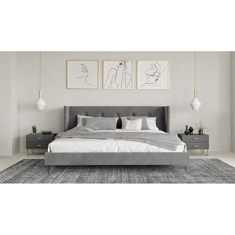 Pemberly Row Velvet & Metal Queen Bed in Charcoal Gray Upholstery