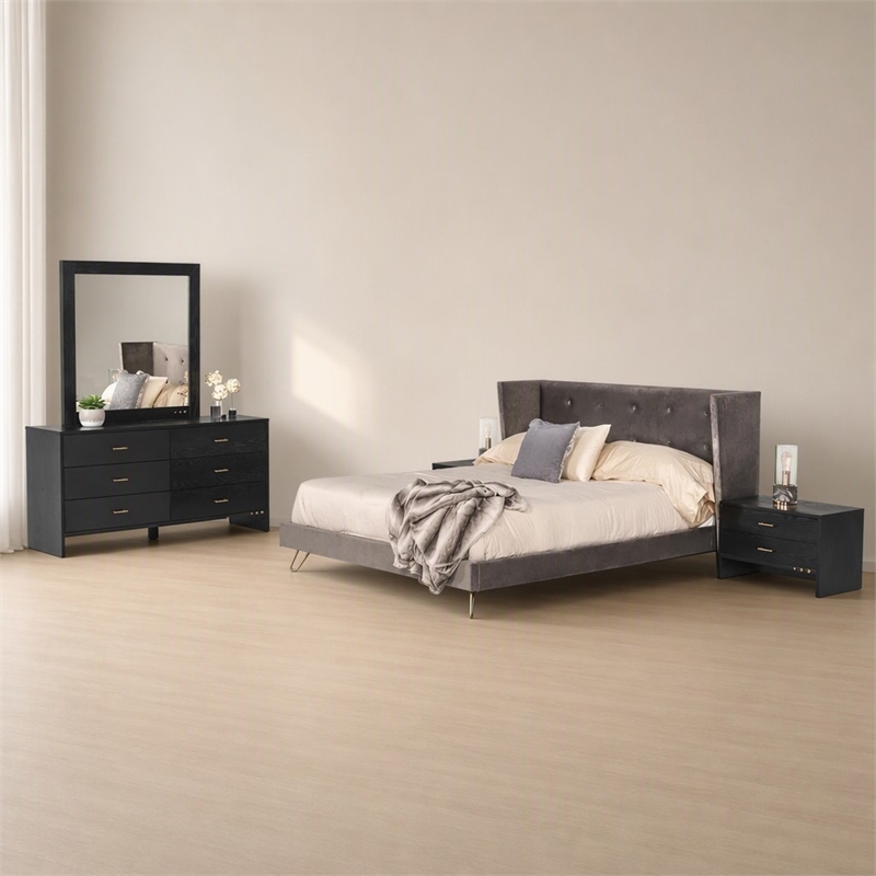 Pemberly Row Velvet & Metal Queen Bed in Charcoal Gray Upholstery