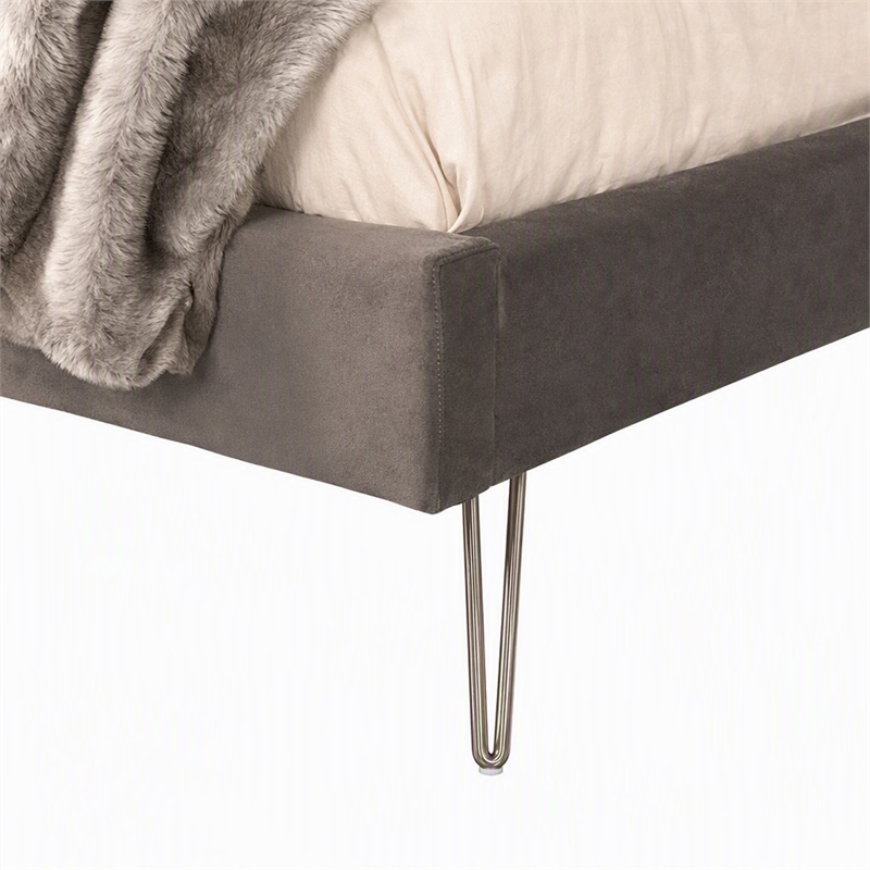 Pemberly Row Velvet & Metal Queen Bed in Charcoal Gray Upholstery