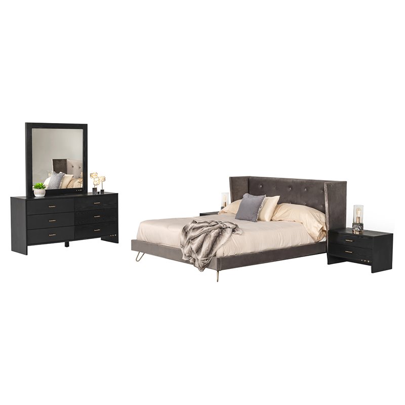 Pemberly Row Velvet & Metal Queen Bed in Charcoal Gray Upholstery
